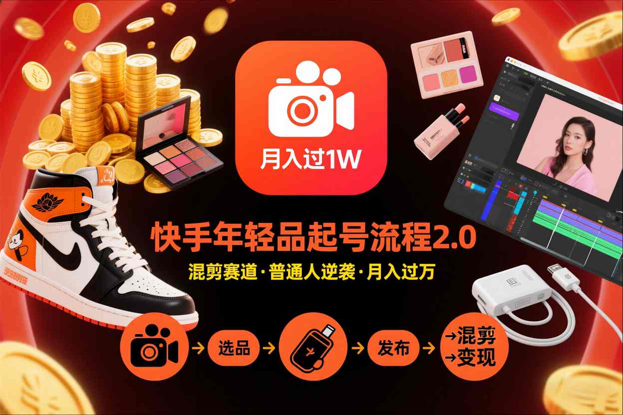 快手短视频带货年轻品起号流程2.0，快手年轻品混剪赛道，普通人也能月入过1W-低成本创业项目大全｜短视频带货+AI副业变现｜知行创业网