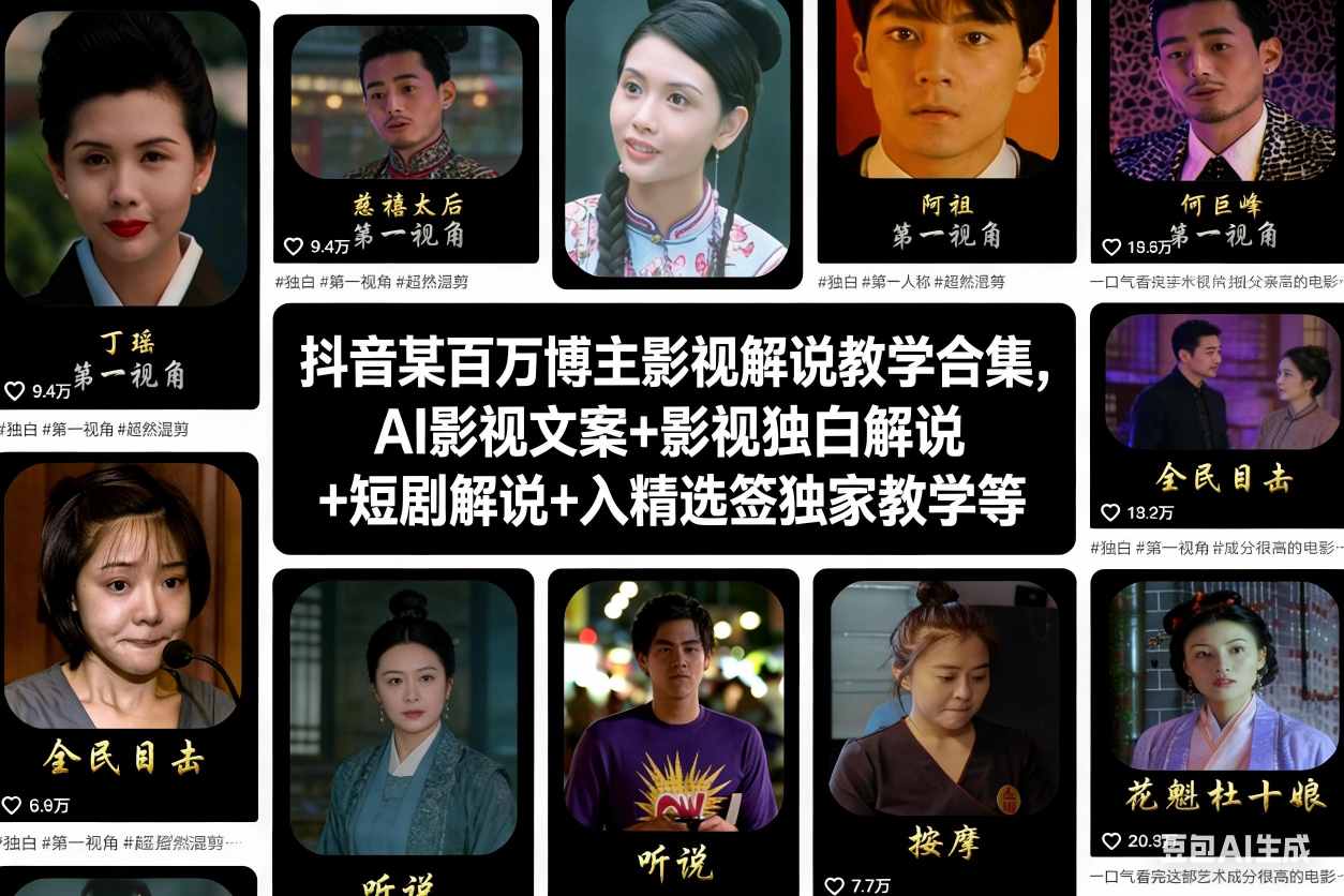 抖音某百万博主影视解说教学合集,AI影视文案+影视独白解说+短剧解说+入精选签独家教学等-低成本创业项目大全|短视频带货+AI副业变现|知行创业网