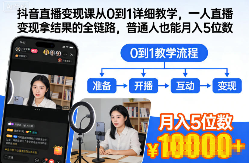 抖音直播变现课从0到1详细教学，一人直播变现拿结果的全链路，普通人也能月入5位数-低成本创业项目大全｜短视频带货+AI副业变现｜知行创业网