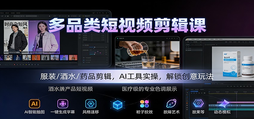 多品类短视频剪辑课：服装/酒水/药品剪辑，AI工具实操，解锁创意玩法-低成本创业项目大全｜短视频带货+AI副业变现｜知行创业网