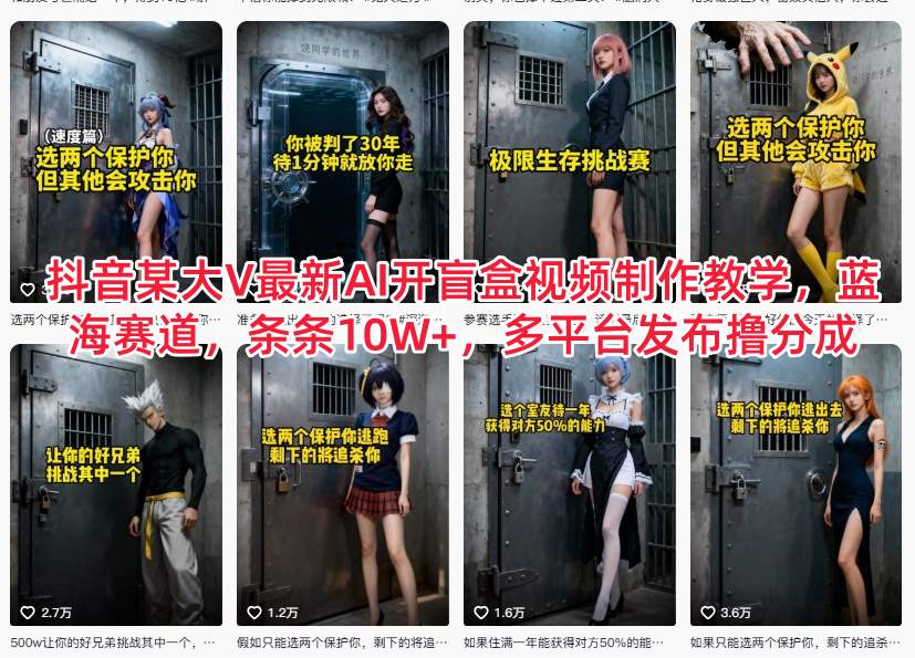 抖音某大V最新AI开盲盒视频制作教学，蓝海赛道，条条10W+，多平台发布撸分成-低成本创业项目大全｜短视频带货+AI副业变现｜知行创业网
