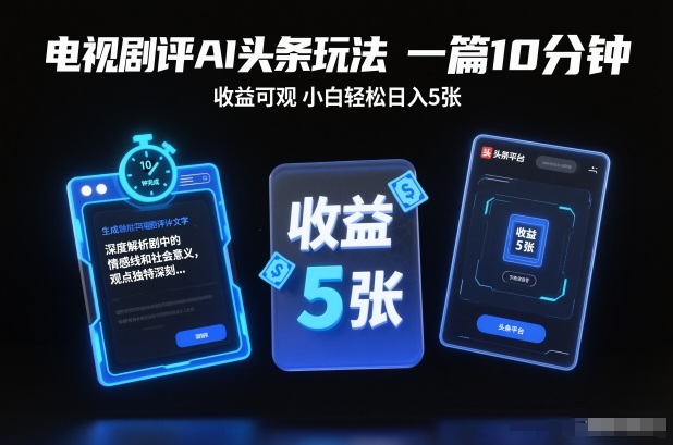 电视剧评AI头条玩法,一篇10分钟,收益可观,小白轻松日入5张+【独家】-低成本创业项目大全|短视频带货+AI副业变现|知行创业网