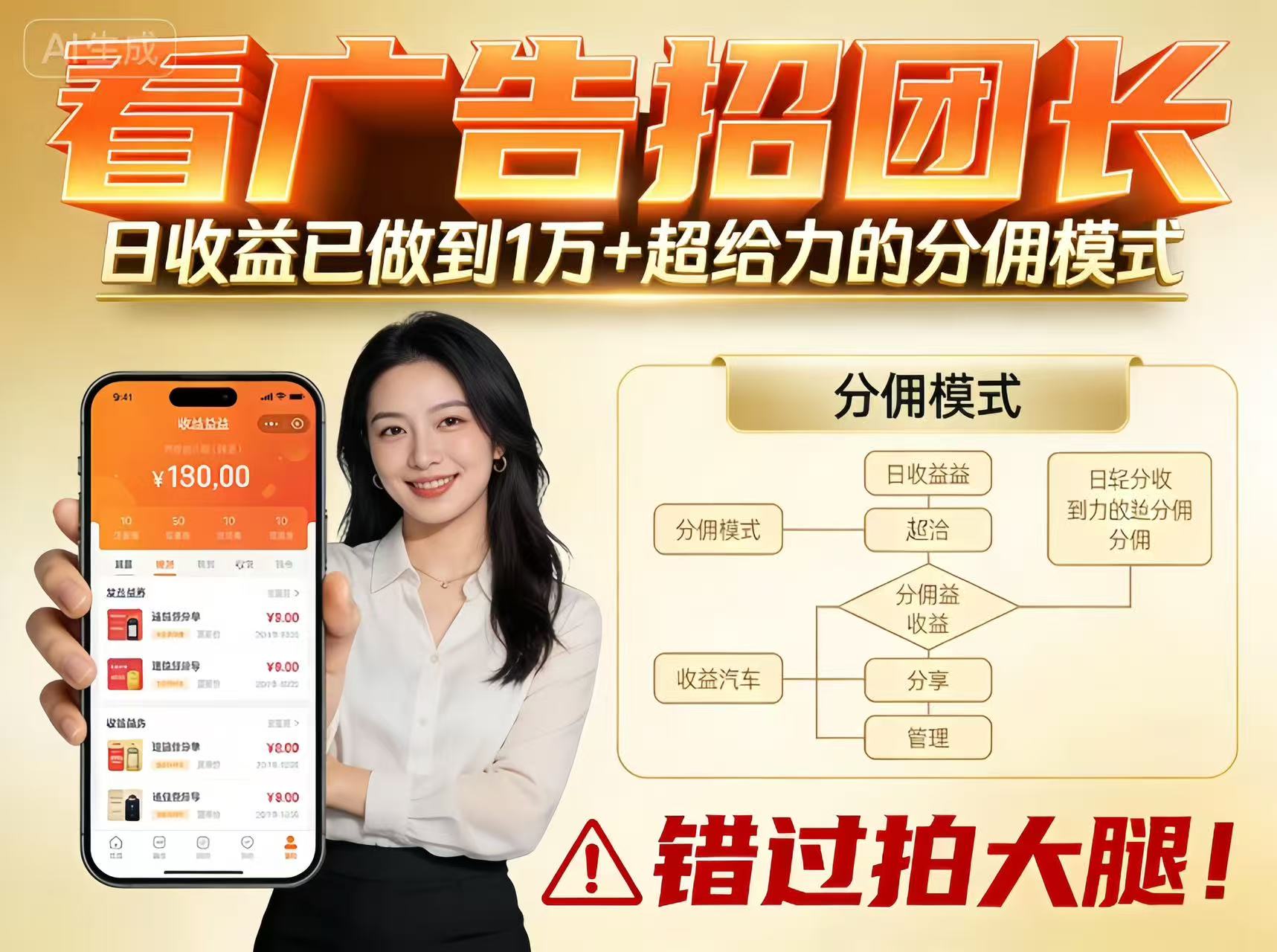 看广告招团长，团队收益已做到日入1万，分佣模式超给力，错过拍大腿-低成本创业项目大全｜短视频带货+AI副业变现｜知行创业网