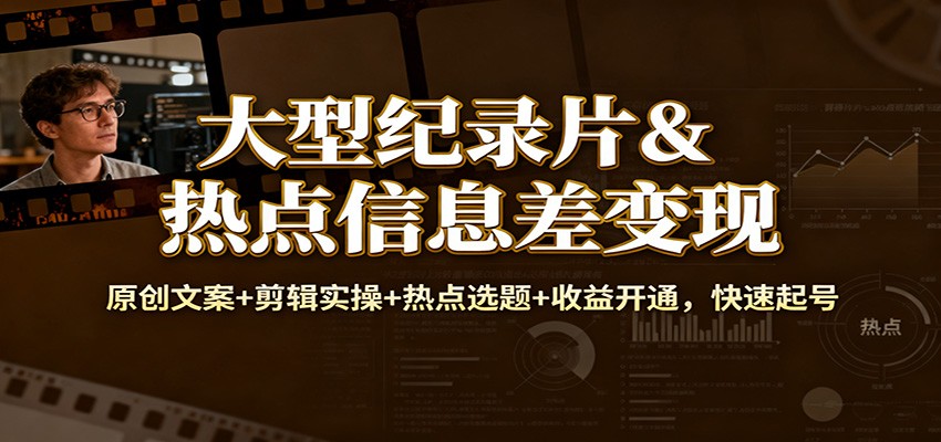 大型纪录片&热点信息差变现：原创文案+剪辑实操+热点选题+收益开通，快速起号-低成本创业项目大全｜短视频带货+AI副业变现｜知行创业网