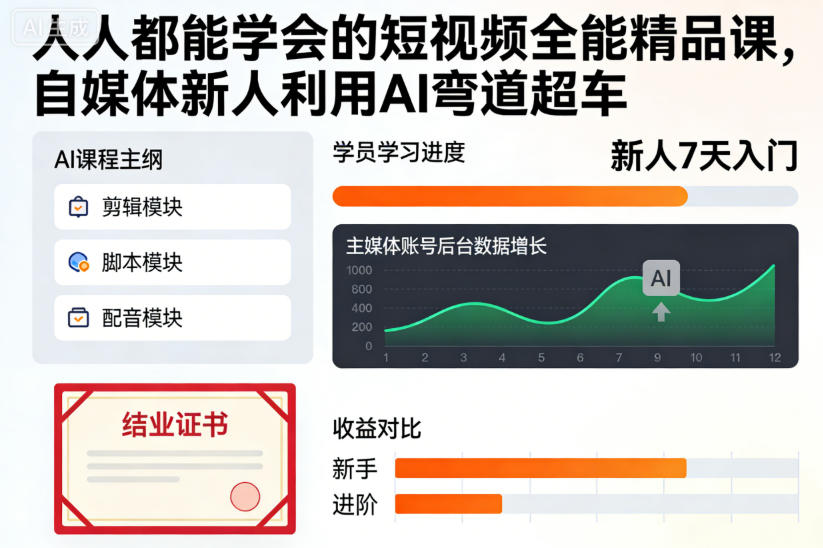 人人都能学会的短视频全能精品课，自媒体新人利用AI弯道超车-低成本创业项目大全｜短视频带货+AI副业变现｜知行创业网