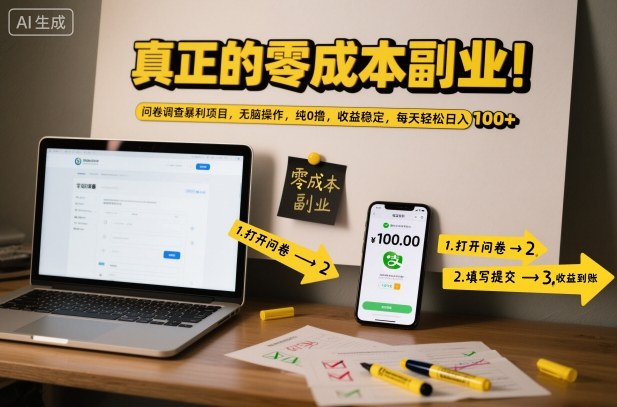真正的零成本副业！问卷调查暴利项目，无脑操作，纯0撸，收益稳定，每天轻松日入100+【揭秘】-低成本创业项目大全｜短视频带货+AI副业变现｜知行创业网