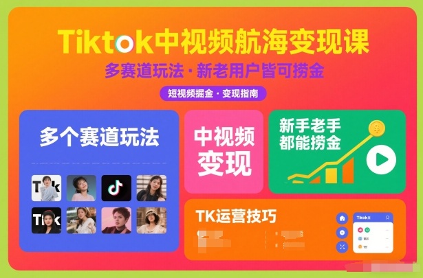 Tiktok中视频航海变现课，多个赛道玩法，新手老手都能在TK中视频捞金-低成本创业项目大全｜短视频带货+AI副业变现｜知行创业网