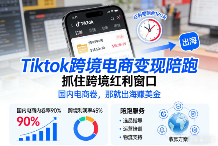 Tiktok跨境电商变现陪跑,抓住跨境红利窗口,国内电商卷,那就出海賺美金-低成本创业项目大全|短视频带货+AI副业变现|知行创业网