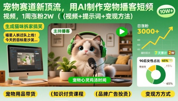 宠物赛道新顶流,用AI制作宠物播客短视频,1周涨粉2W(视频+提示词+变现方法)-低成本创业项目大全|短视频带货+AI副业变现|知行创业网