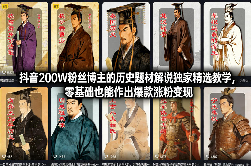 抖音200W粉丝博主的历史题材解说独家精选教学，零基础也能作出爆款涨粉变现-低成本创业项目大全｜短视频带货+AI副业变现｜知行创业网