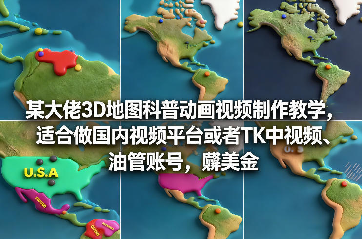 某大佬3D地图科普动画视频制作教学，适合做国内视频平台或者TK中视频、油管账号，賺美金-低成本创业项目大全｜短视频带货+AI副业变现｜知行创业网
