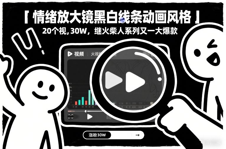 情绪放大镜黑白线条动画风格，20个视频，涨粉30W，继火柴人系列又一大爆款-低成本创业项目大全｜短视频带货+AI副业变现｜知行创业网