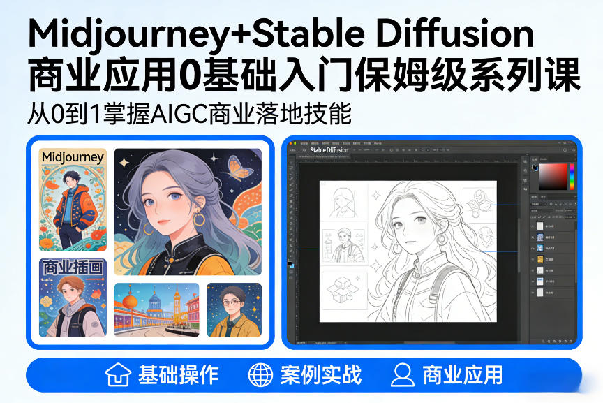 AIGC商业应用Midjourney+Stable Diffusion教程，0基础入门保姆级系列课-低成本创业项目大全｜短视频带货+AI副业变现｜知行创业网