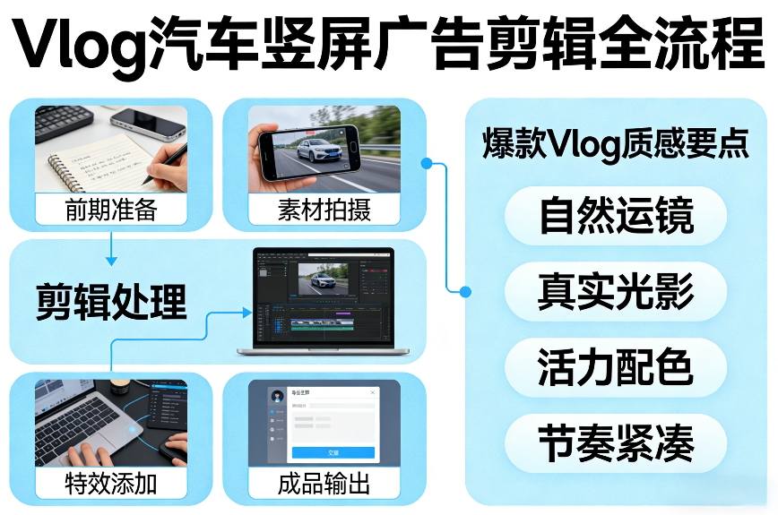 Vlog感觉汽车竖屏广告剪辑脚本全流程，拿捏爆款Vlog质感-低成本创业项目大全｜短视频带货+AI副业变现｜知行创业网