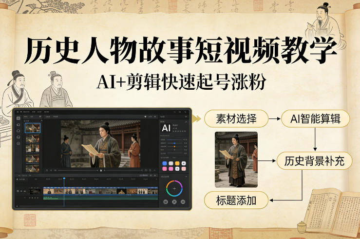 历史人物故事短视频教学，AI+剪辑制作历史人物题材短视频，快速起号涨粉-低成本创业项目大全｜短视频带货+AI副业变现｜知行创业网
