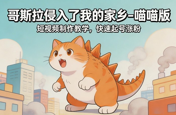 哥斯拉侵入了我的家乡–喵喵版短视频制作教学,快速起号涨粉-低成本创业项目大全|短视频带货+AI副业变现|知行创业网