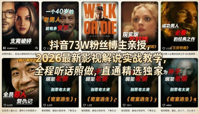 抖音73W粉丝博主亲授，2026最新影视解说实战教学，全程听话照做，直通精选独家-低成本创业项目大全｜短视频带货+AI副业变现｜知行创业网
