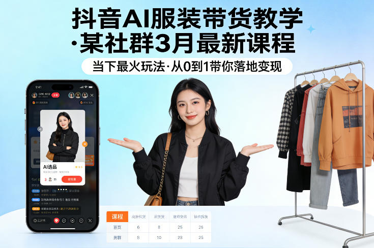 抖音AI服装带货教学，某社群3月最新课程，当下最火玩法，从0到1带你落地变现-低成本创业项目大全｜短视频带货+AI副业变现｜知行创业网