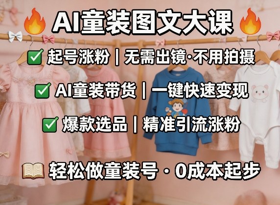 AI童装图文剪辑，某社群童装图文大课，起号涨粉、AI童装带货、爆款选品，无需出镜和拍摄-低成本创业项目大全｜短视频带货+AI副业变现｜知行创业网