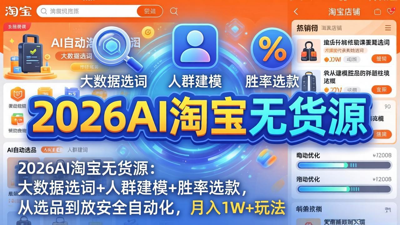 （17955期）2026AI淘宝无货源-4月更新：大数据选词+人群建模+胜率选款，从选品到放大全自动化，月入1W+玩法-低成本创业项目大全｜短视频带货+AI副业变现｜知行创业网