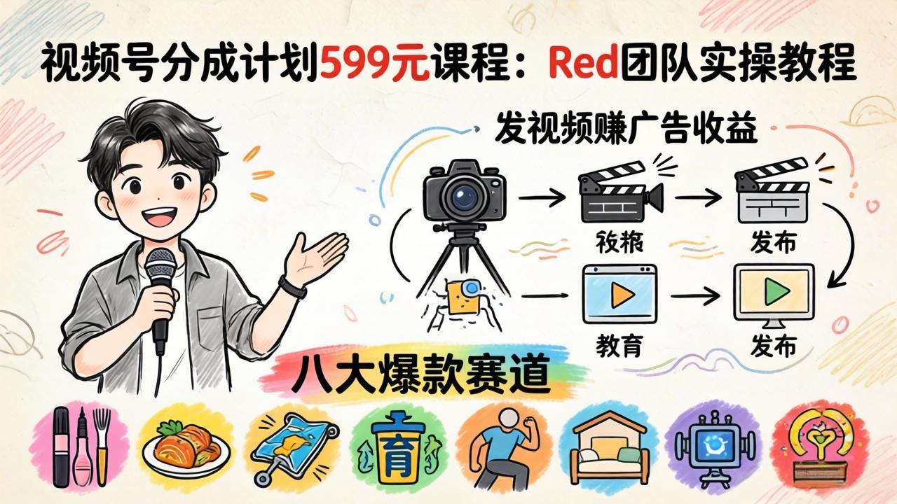 （18088期）视频号分成计划599元课程：Red团队实操教程，发视频赚广告收益，八大爆款赛道全掌握-低成本创业项目大全｜短视频带货+AI副业变现｜知行创业网