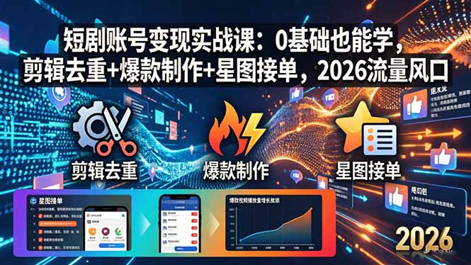 （18160期）短剧账号变现实战课：0基础也能学，剪辑去重+爆款制作+星图接单，2026流量风口-低成本创业项目大全｜短视频带货+AI副业变现｜知行创业网