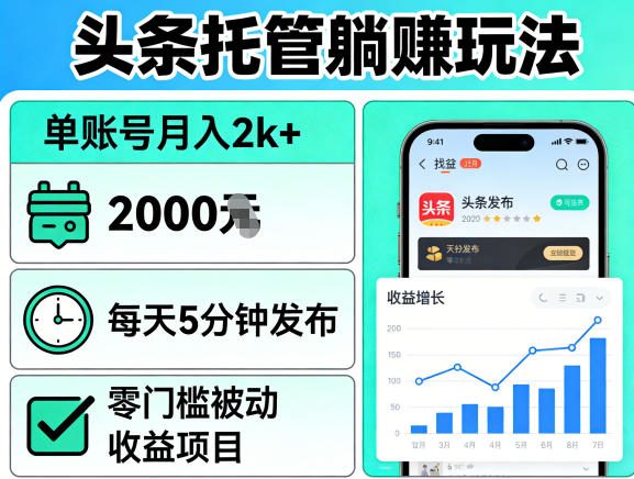 头条托管躺賺玩法，单账号月入2k+，每天5分钟发布即可，零门槛被动收益项目【揭秘】-低成本创业项目大全｜短视频带货+AI副业变现｜知行创业网