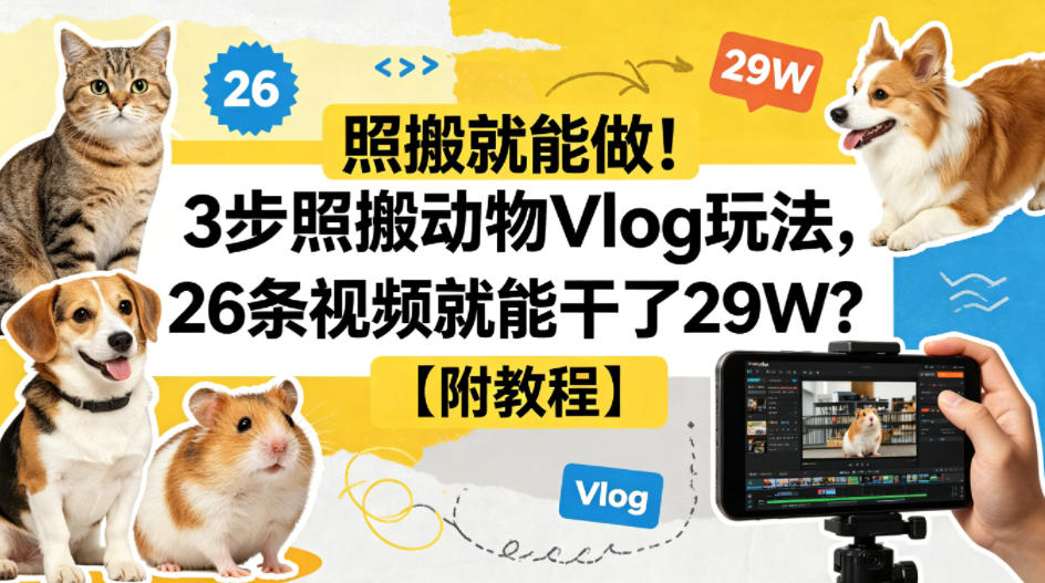 照搬就能做！3步照搬动物Vlog玩法，26条视频就能干了29W？【附教程】【赠coze一键生成工作流】-低成本创业项目大全｜短视频带货+AI副业变现｜知行创业网