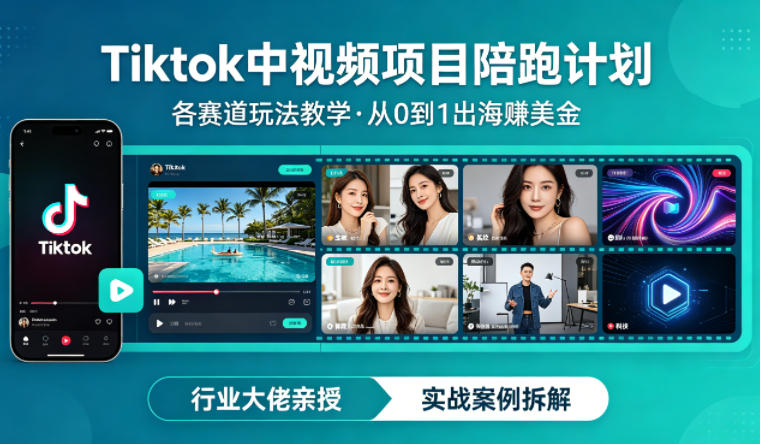 某大佬的Tiktok中视频项目陪跑，涵盖TK各个赛道玩法教学，从0到1出海賺美金-低成本创业项目大全｜短视频带货+AI副业变现｜知行创业网