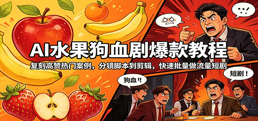 AI水果狗血剧爆款教程：复刻高赞热门案例，分镜脚本到剪辑，快速批量做流量短剧-低成本创业项目大全｜短视频带货+AI副业变现｜知行创业网