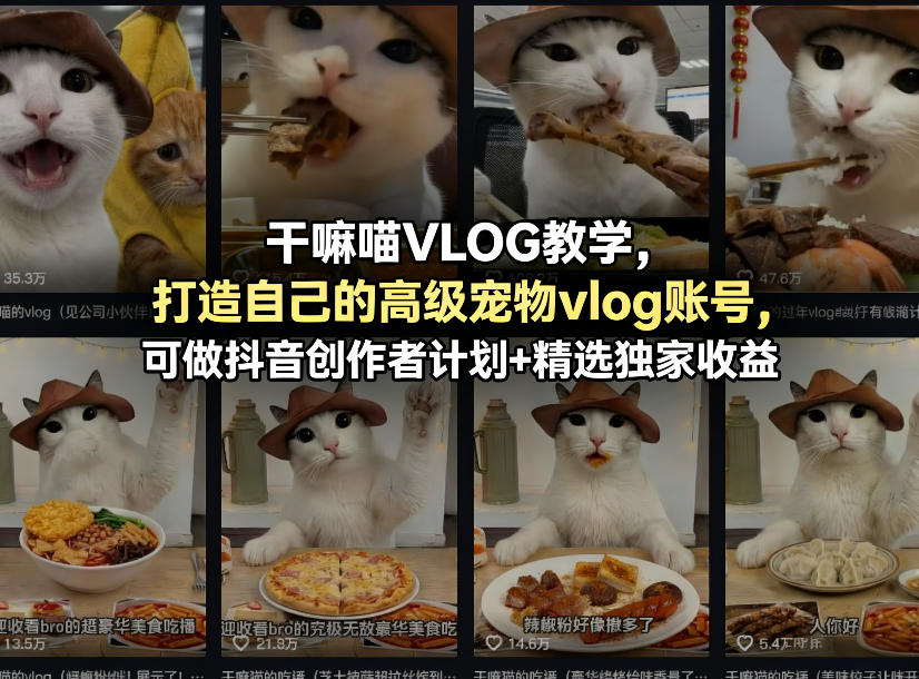 干嘛喵VLOG教学,打造自己的高级宠物vlog账号,可做抖音创作者计划+精选独家收益-低成本创业项目大全|短视频带货+AI副业变现|知行创业网