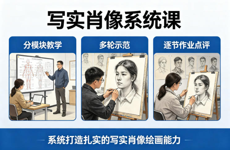 写实肖像系统课，全程分模块教学+多轮示范+逐节作业点评，系统打造扎实的写实肖像绘画能力-低成本创业项目大全｜短视频带货+AI副业变现｜知行创业网