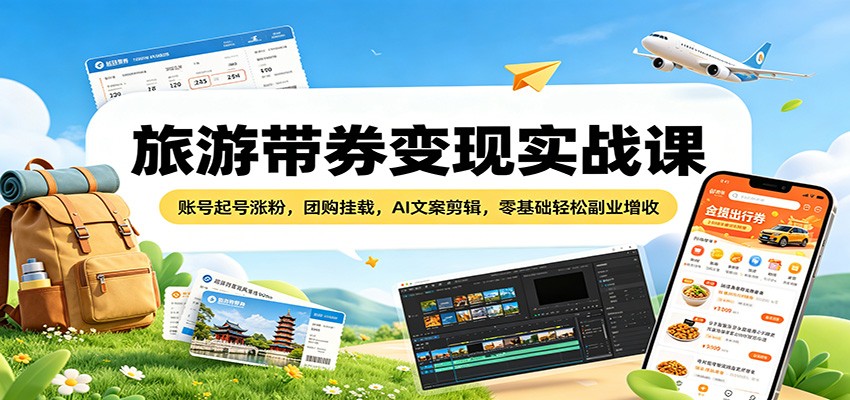 旅游带券变现实战课：账号起号涨粉，团购挂载，AI文案剪辑，零基础轻松副业增收-低成本创业项目大全｜短视频带货+AI副业变现｜知行创业网
