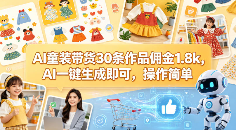 AI童装带货30条作品佣金1.8k，AI一键生成即可，操作简单-低成本创业项目大全｜短视频带货+AI副业变现｜知行创业网