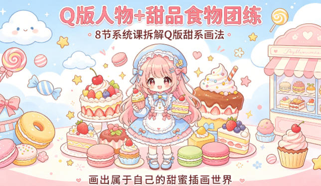 Q版人物+甜品食物团练，8节系统课拆解Q版甜系画法，画出属于自己的甜蜜插画世界-低成本创业项目大全｜短视频带货+AI副业变现｜知行创业网