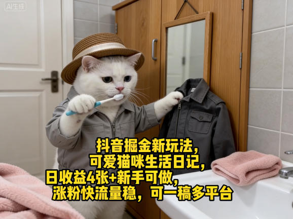 抖音掘金新玩法，可爱猫咪生活日记，日收益4张+新手可做，涨粉快流量稳，可一稿多平台-低成本创业项目大全｜短视频带货+AI副业变现｜知行创业网