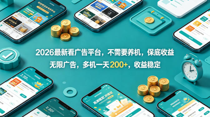 2026最新看广告平台，不需要养机，保底收益，无限广告，多机一天200+，收益稳定【揭秘】-低成本创业项目大全｜短视频带货+AI副业变现｜知行创业网