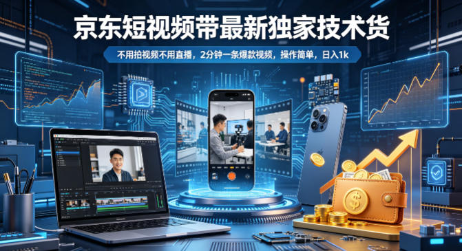 京东短视频带货最新独家技术，不用拍视频不用直播，2分钟一条爆款视频，操作简单，日入1k+【揭秘】-低成本创业项目大全｜短视频带货+AI副业变现｜知行创业网