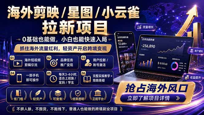 （18567期）海外剪映 / 星图 / 小云雀拉新项目 普通人也能上手的跨境流量变现副业-低成本创业项目大全｜短视频带货+AI副业变现｜知行创业网