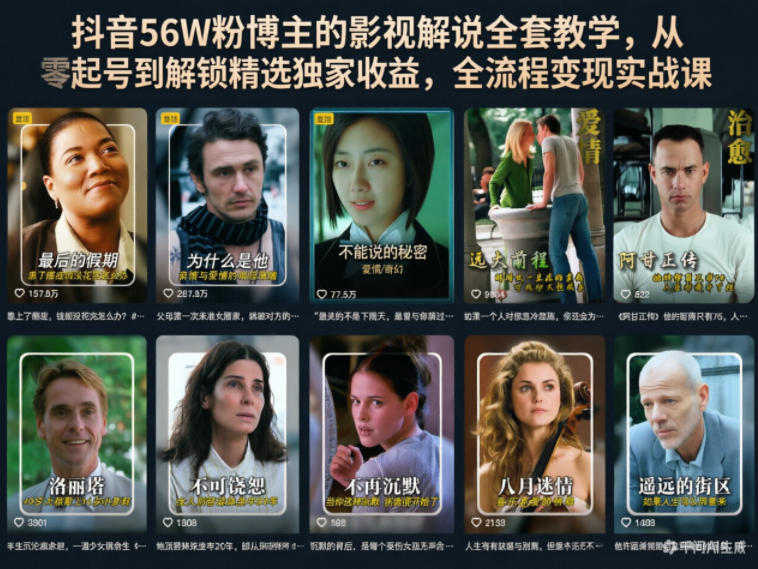 抖音56W粉博主的影视解说全套教学，从零起号到解锁精选独家收益，全流程变现实战课-低成本创业项目大全｜短视频带货+AI副业变现｜知行创业网