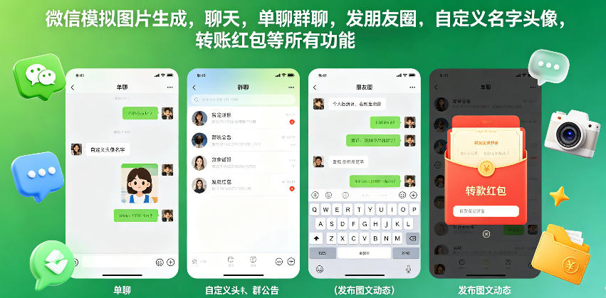 微信模拟图片生成，聊天，单聊群聊，发朋友圈，自定义名字头像，转账红包等所有功能都可以生成-低成本创业项目大全｜短视频带货+AI副业变现｜知行创业网
