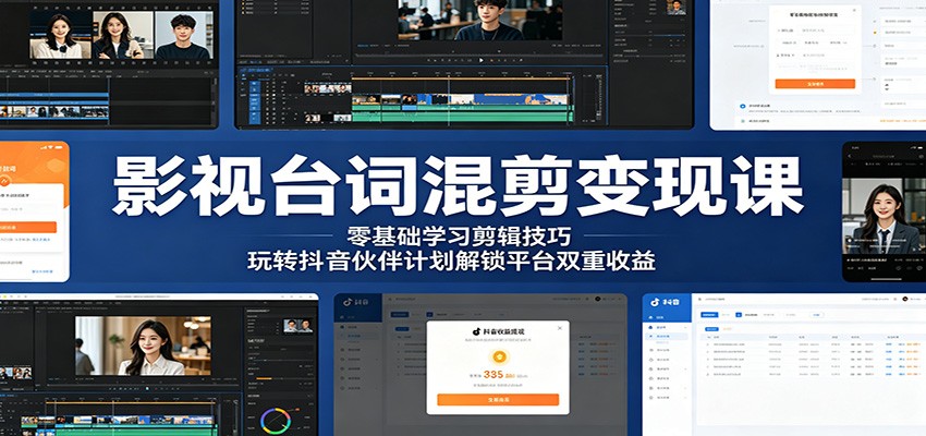 影视台词混剪变现课：零基础学习剪辑技巧，玩转抖音伙伴计划解锁平台双重收益-低成本创业项目大全｜短视频带货+AI副业变现｜知行创业网