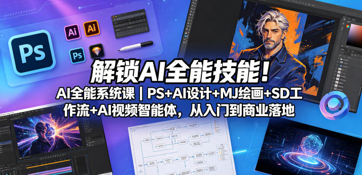 解锁AI全能技能！AI全能系统课｜PS+AI设计+MJ绘画+SD工作流+AI视频智能体，从入门到商业落地-低成本创业项目大全｜短视频带货+AI副业变现｜知行创业网