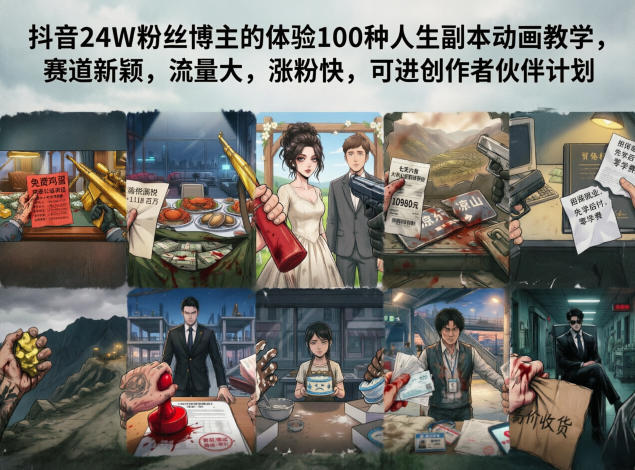 抖音24W粉丝博主的体验100种人生副本动画教学，赛道新颖，流量大，涨粉快，可进创作者伙伴计划-低成本创业项目大全｜短视频带货+AI副业变现｜知行创业网