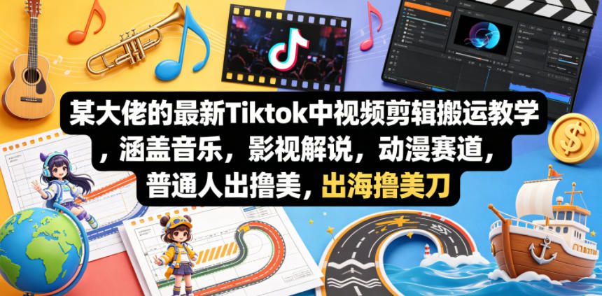 某大佬的最新Tiktok中视频剪辑搬运教学，涵盖音乐，影视解说，动漫赛道，普通人出海撸美刀-低成本创业项目大全｜短视频带货+AI副业变现｜知行创业网