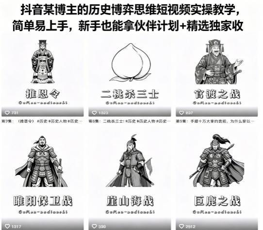抖音某博主的历史博弈思维短视频实操教学，简单易上手，新手也能拿伙伴计划+精选独家收益-低成本创业项目大全｜短视频带货+AI副业变现｜知行创业网