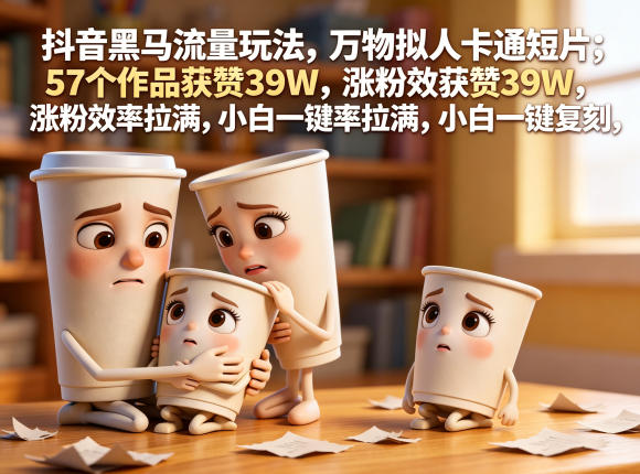 抖音黑马流量玩法，万物拟人卡通短片，57个作品获赞39W，涨粉效率拉满，小白一键复刻，保姆级拆解-低成本创业项目大全｜短视频带货+AI副业变现｜知行创业网