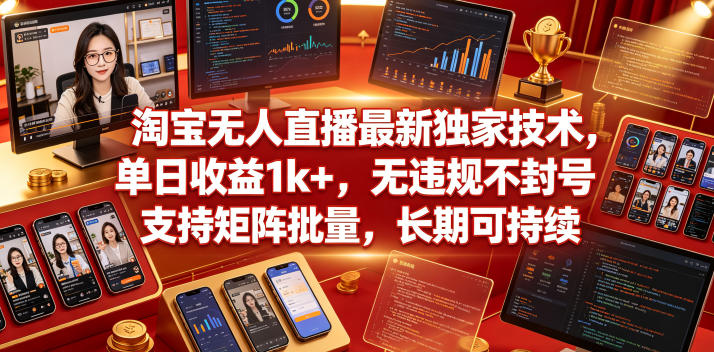 淘宝无人直播最新独家技术，单日收益1k+，无违规不封号，支持矩阵批量，长期可持续【揭秘】-低成本创业项目大全｜短视频带货+AI副业变现｜知行创业网