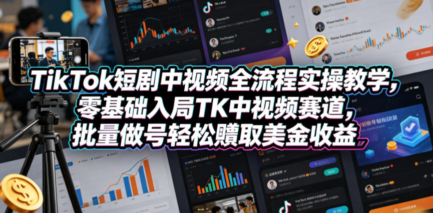 TikTok短剧中视频全流程实操教学,零基础入局TK中视频赛道,批量做号轻松賺取美金收益-低成本创业项目大全|短视频带货+AI副业变现|知行创业网