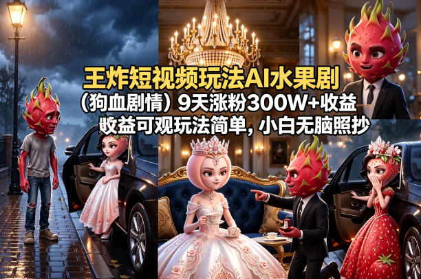 王炸短视频玩法AI水果剧（狗血剧情）9天涨粉300W+收益可观玩法简单，小白无脑照抄，详细拆解玩法-低成本创业项目大全｜短视频带货+AI副业变现｜知行创业网